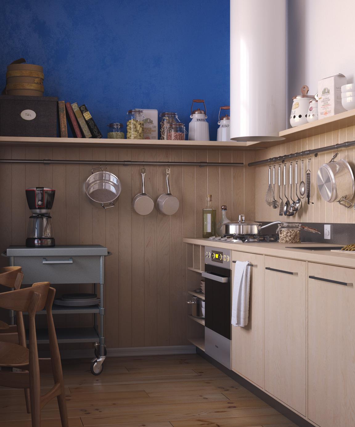 Маленькая бежево-синяя кухня 5 кв м