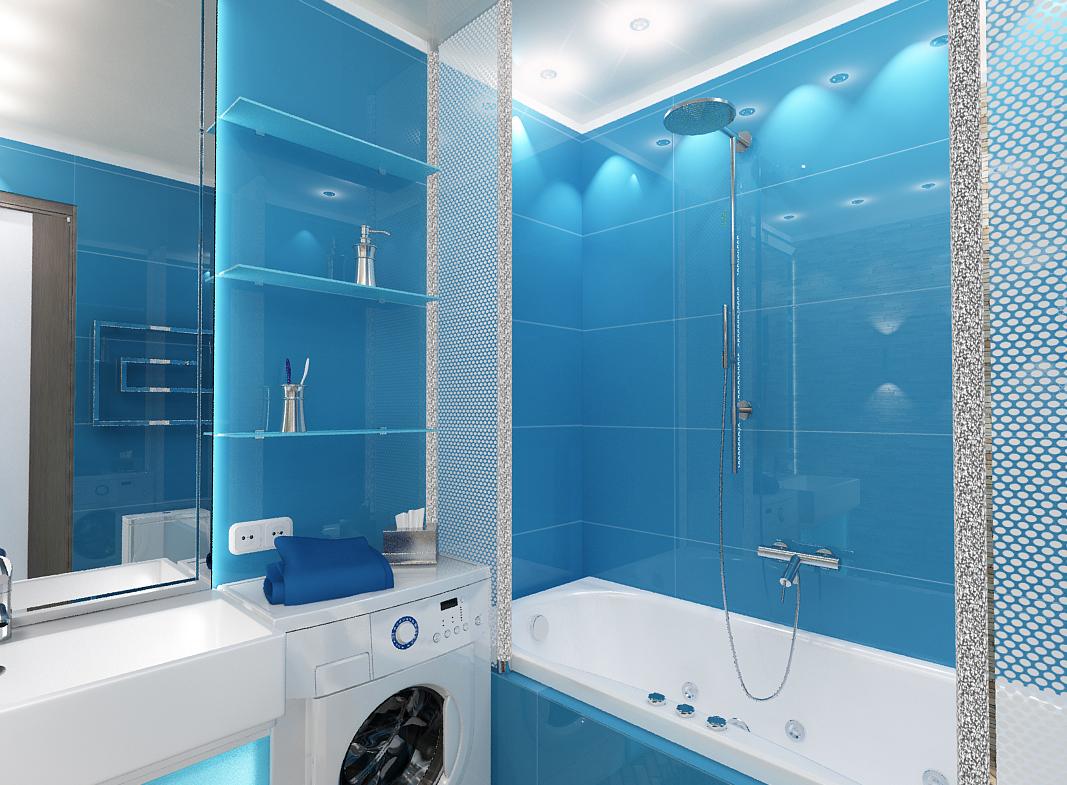 Бело-голубой дизайн ванной комнаты