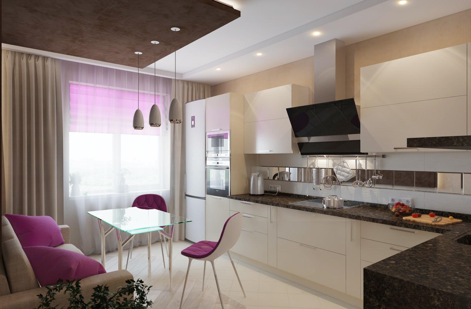 Черно-белая кухня-столовая с фиолетовыми акцентами