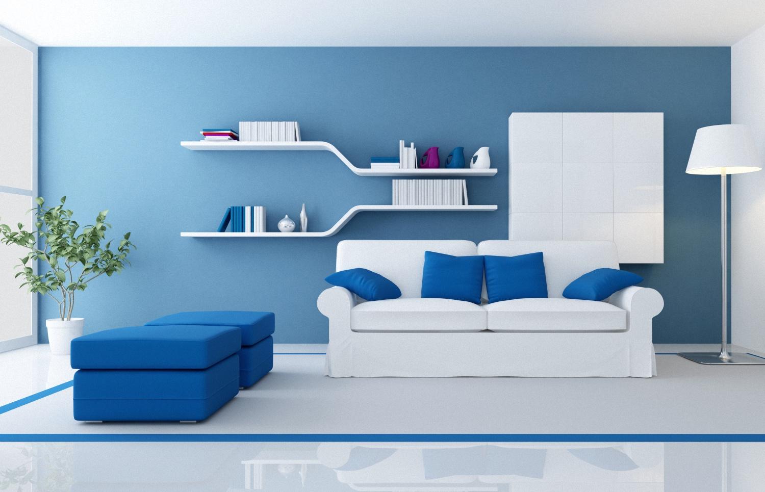Бело-голубой интерьер гостиной
