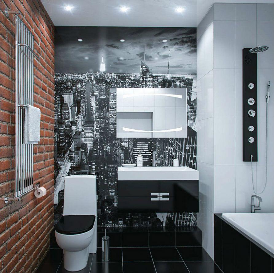 Черно-белая ванная с кирпичной стеной