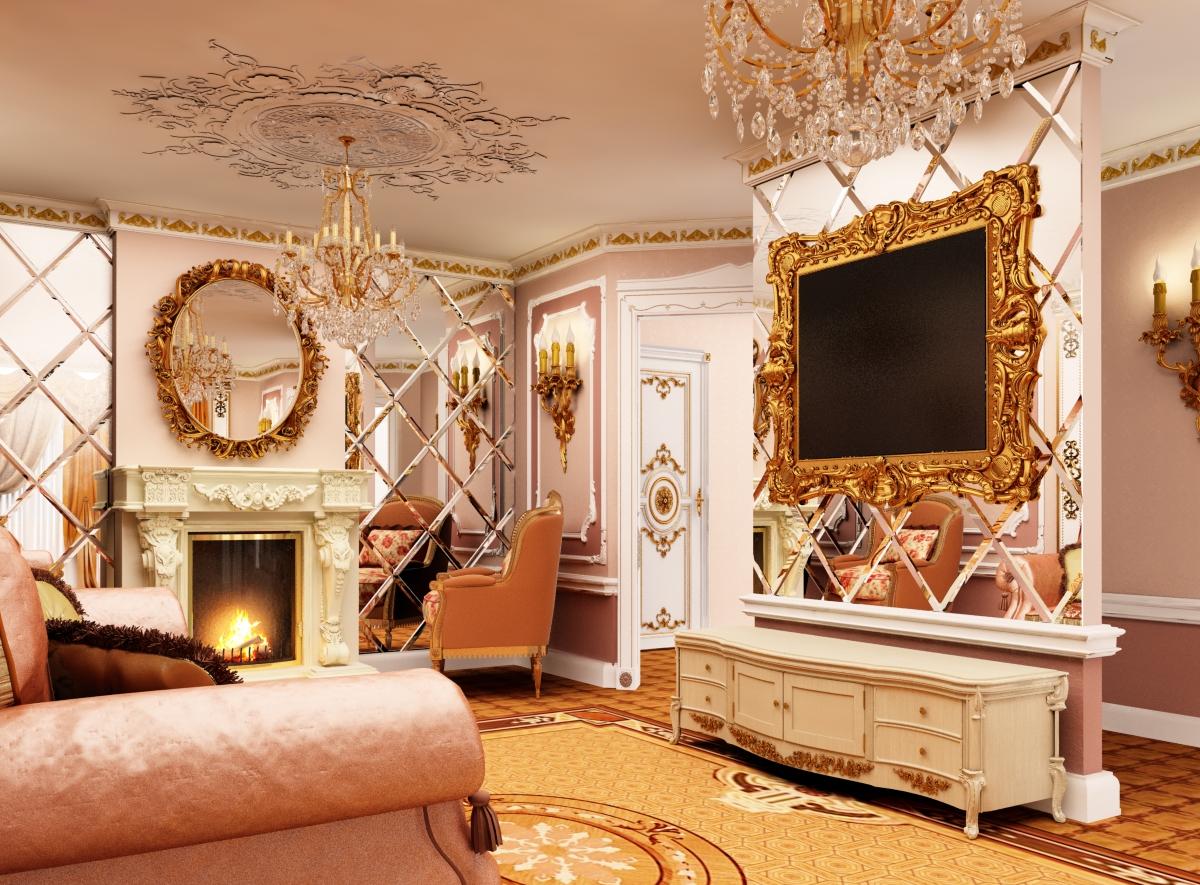 Зеркальные панели в интерьере гостиной в классическом стиле
