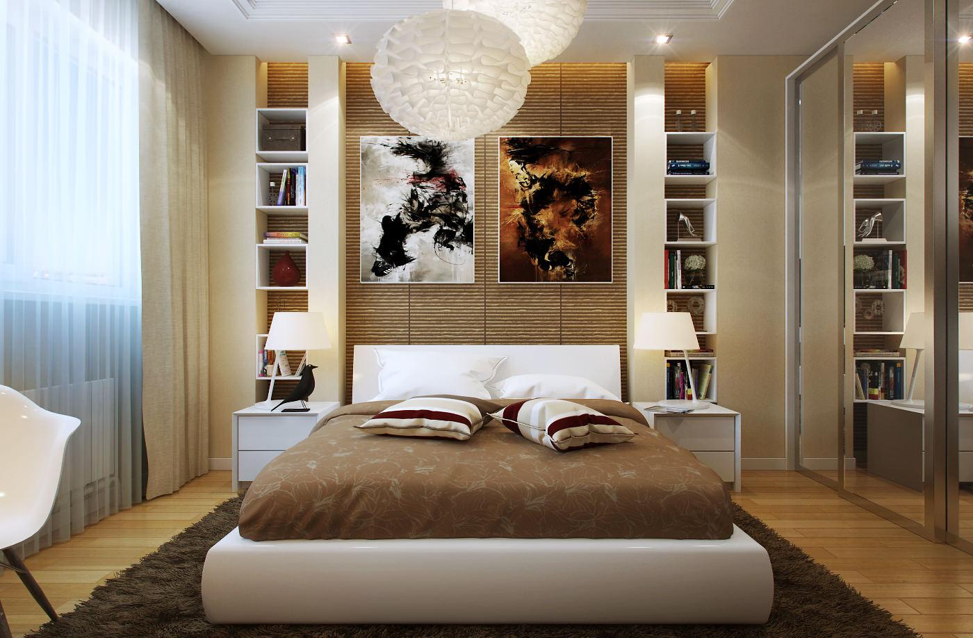 Коричнево-бежевый дизайн спальни 14 кв м