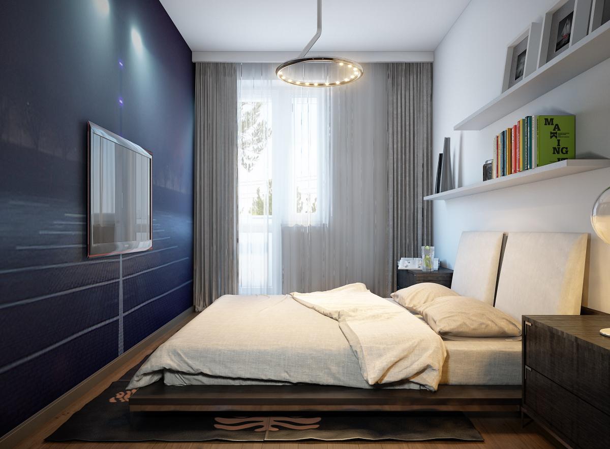 Синяя стена в дизайне спальни