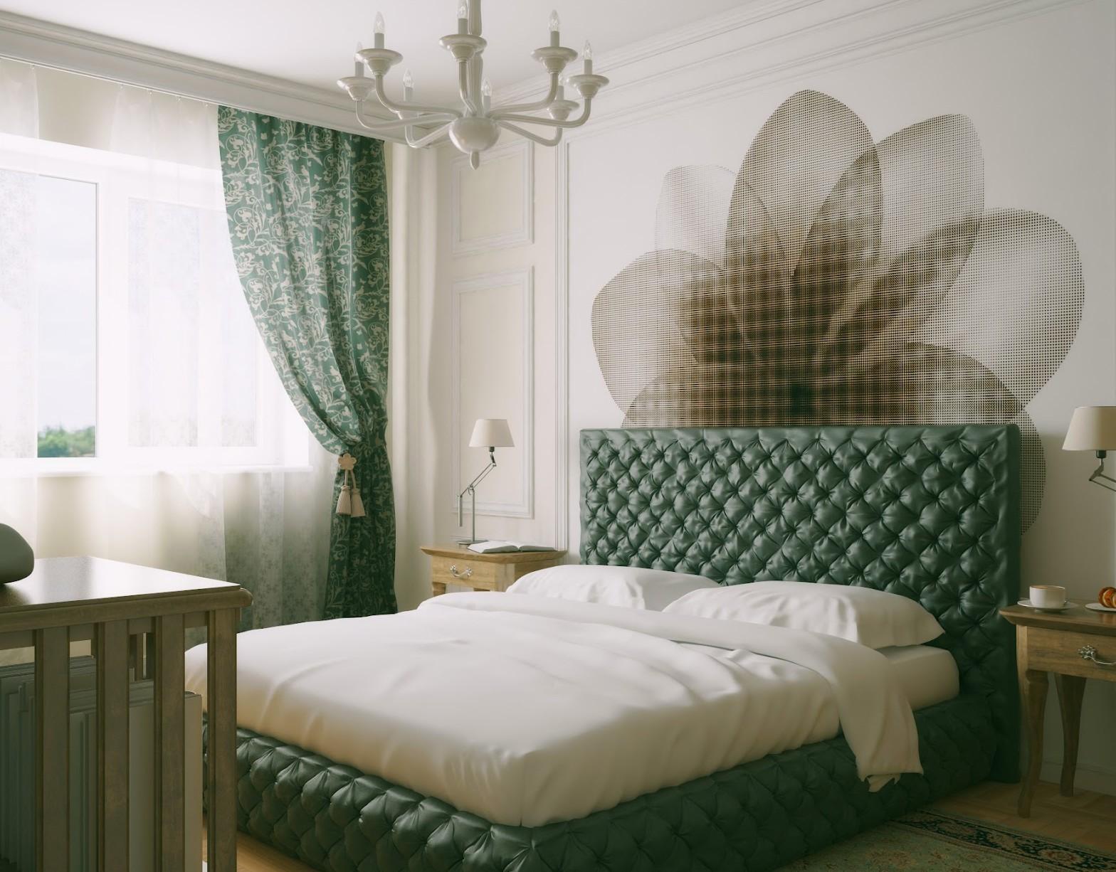 Бело-зеленая небольшая спальня