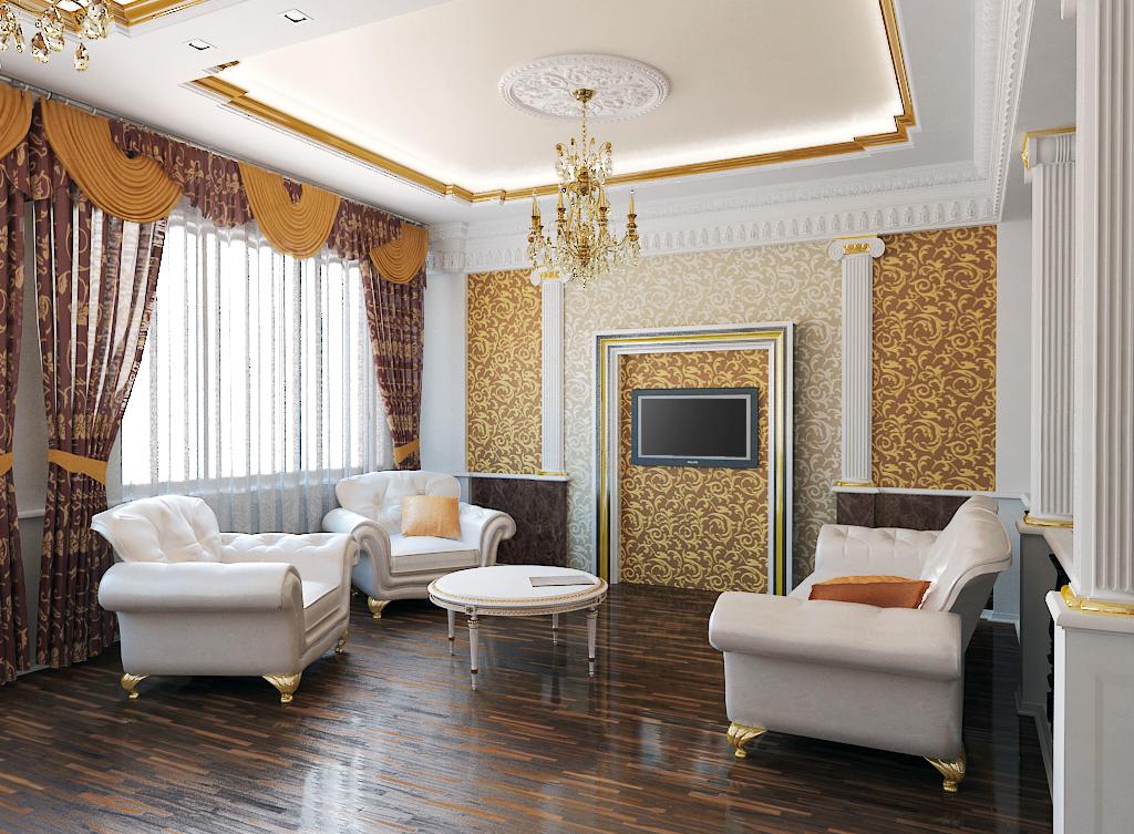 Белый, золотистый и коричневый цвета в гостиной в классическом стиле