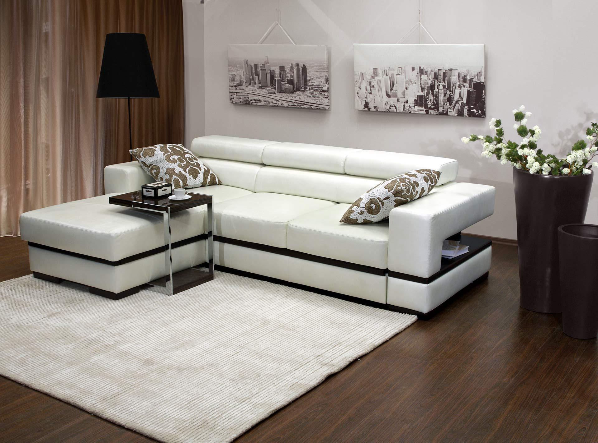 Черно-белый диван с оттоманкой в интерьере гостиной