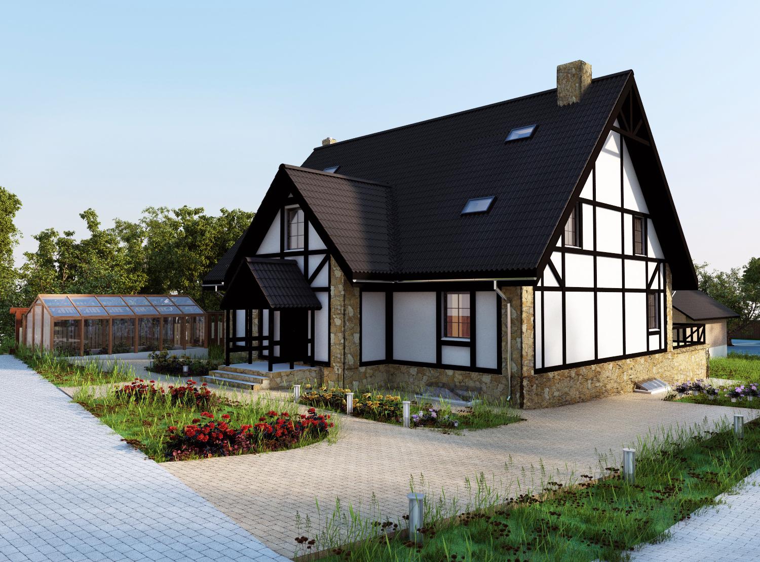 Двухэтажный дом с мансардными окнами в немецком стиле