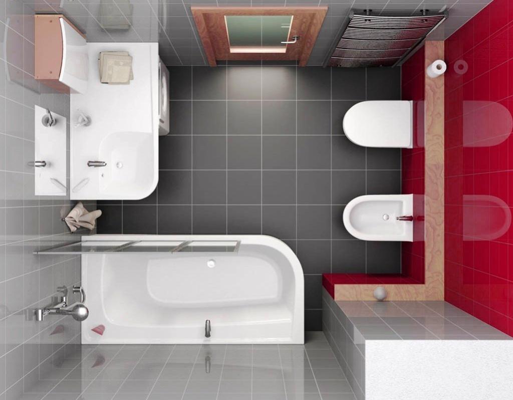 Планировка черно-белой ванной с красной стеной
