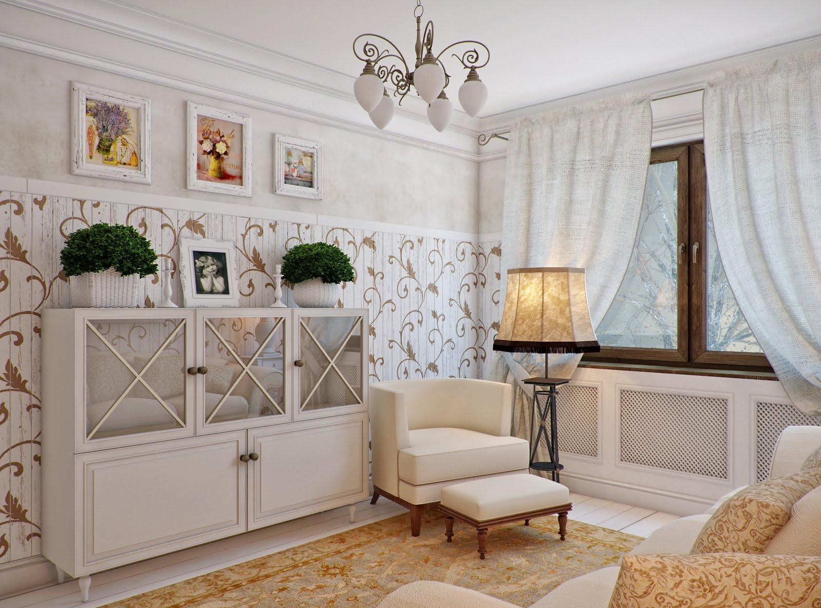 Бежевый, золотистый и белый цвета в интерьере гостиной в стиле прованс