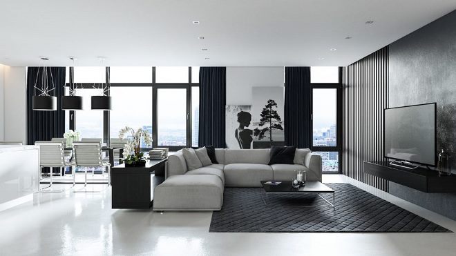 Дизайн гостиной в черно-белых тонах