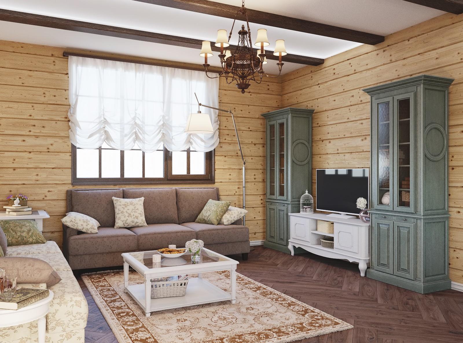 Уютная гостиная с деревянной отделкой