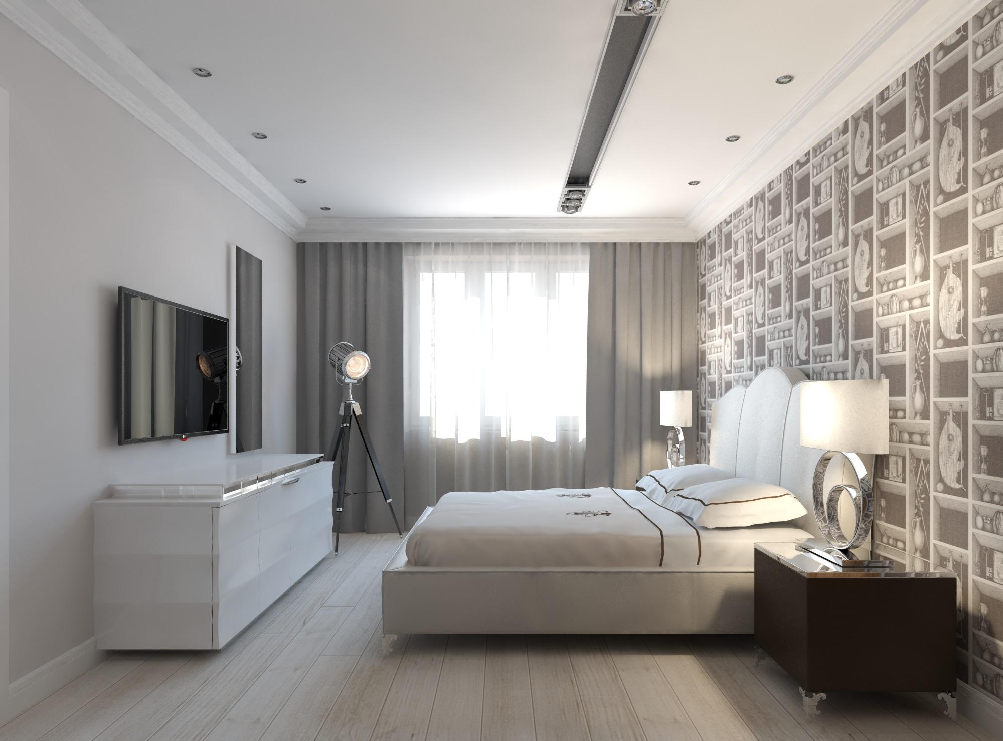 Белый потолок в дизайне спальни