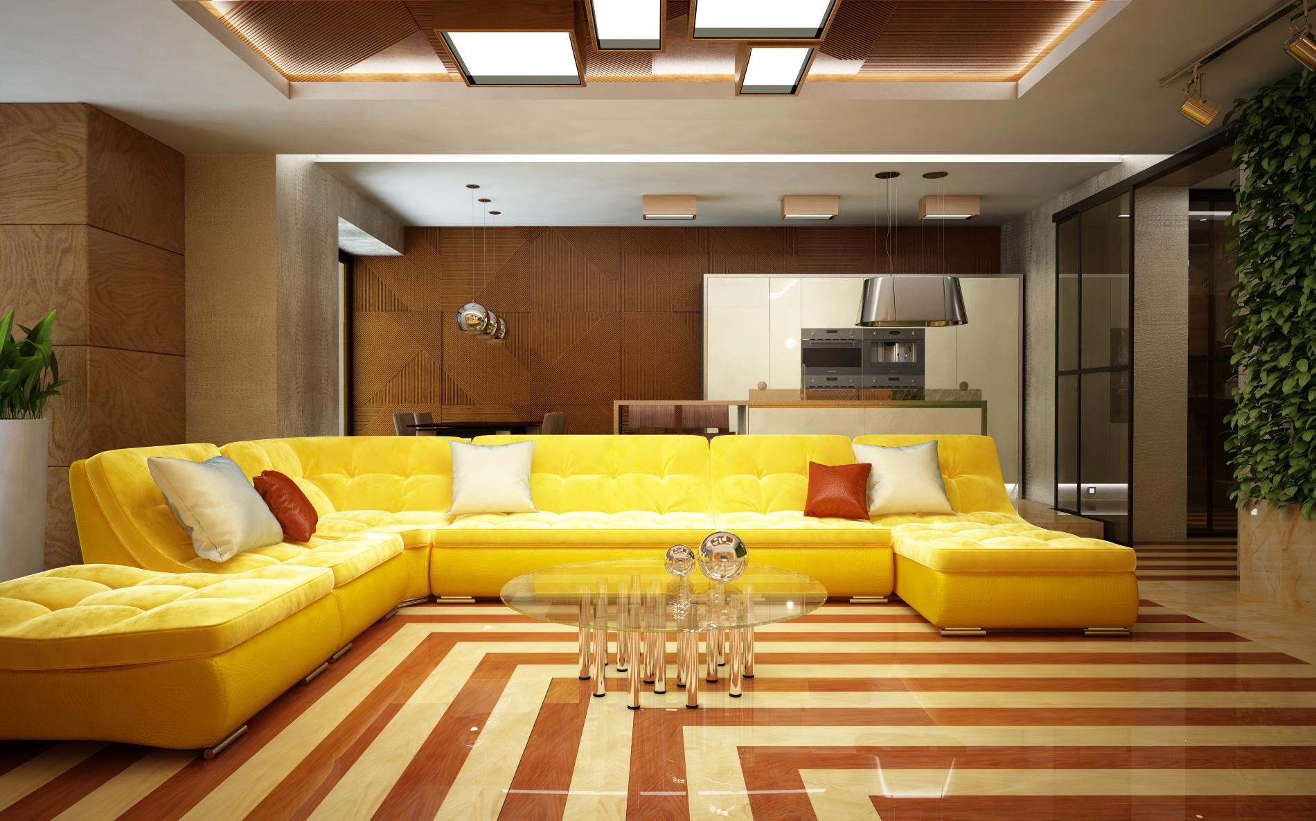 Большой желтый диван в гостиной