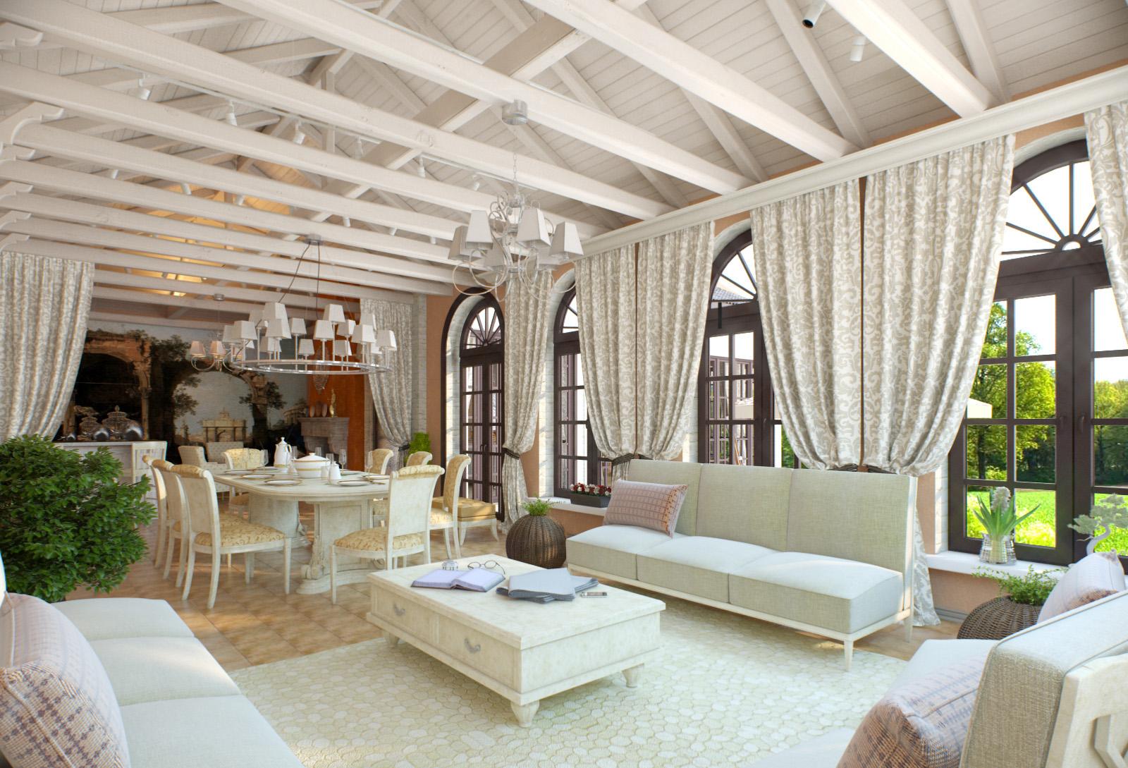 Персиковые стены в столовой-гостиной в итальянском стиле