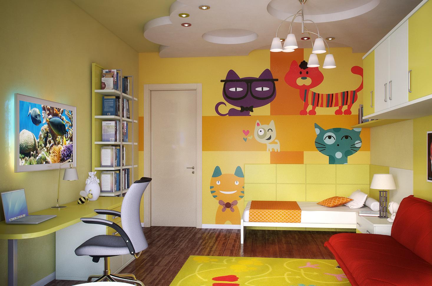 Желтые стены с рисунками для детской комнаты