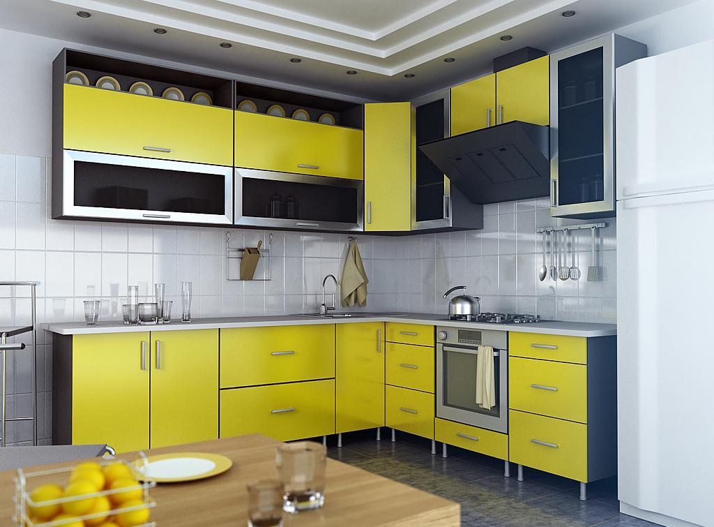 Черно-желтый угловой кухонный гарнитур