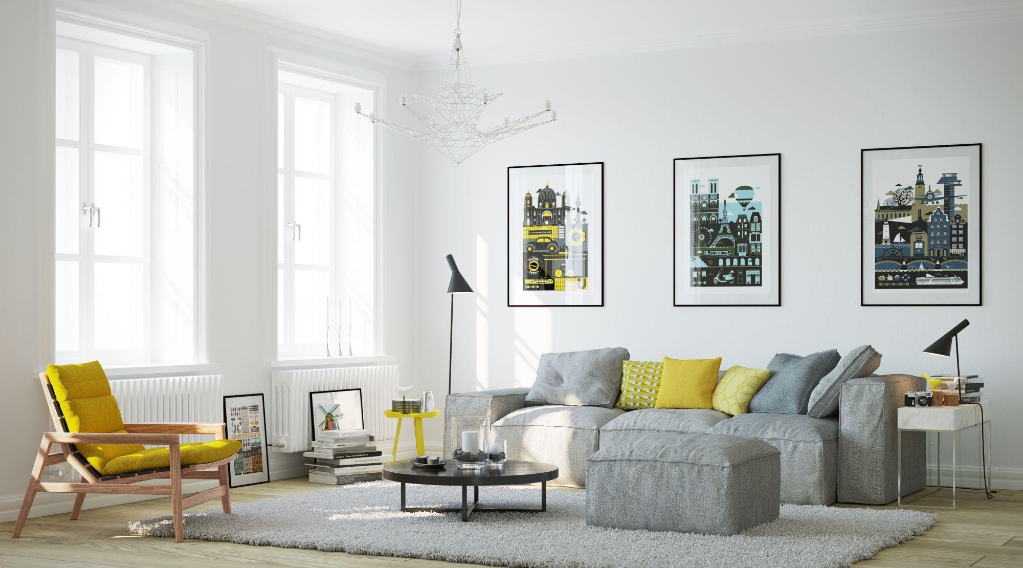 Белая гостиная с желтой и серой мебелью