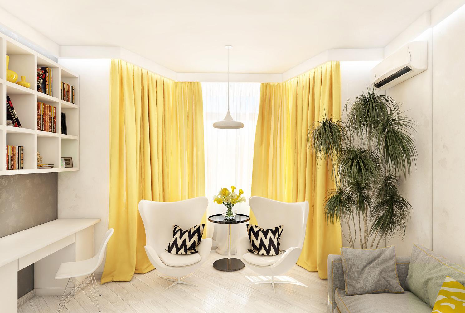 Яркие желтые шторы в гостиной-кабинете