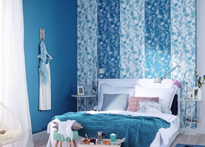  обои в спальне в интерьере, дизайн спальни в голубых тонах с .