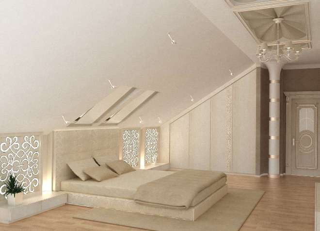 Отделка стен, пола и потолка спальни на мансарде