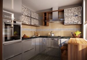 Интерьер кухни с серой плиткой